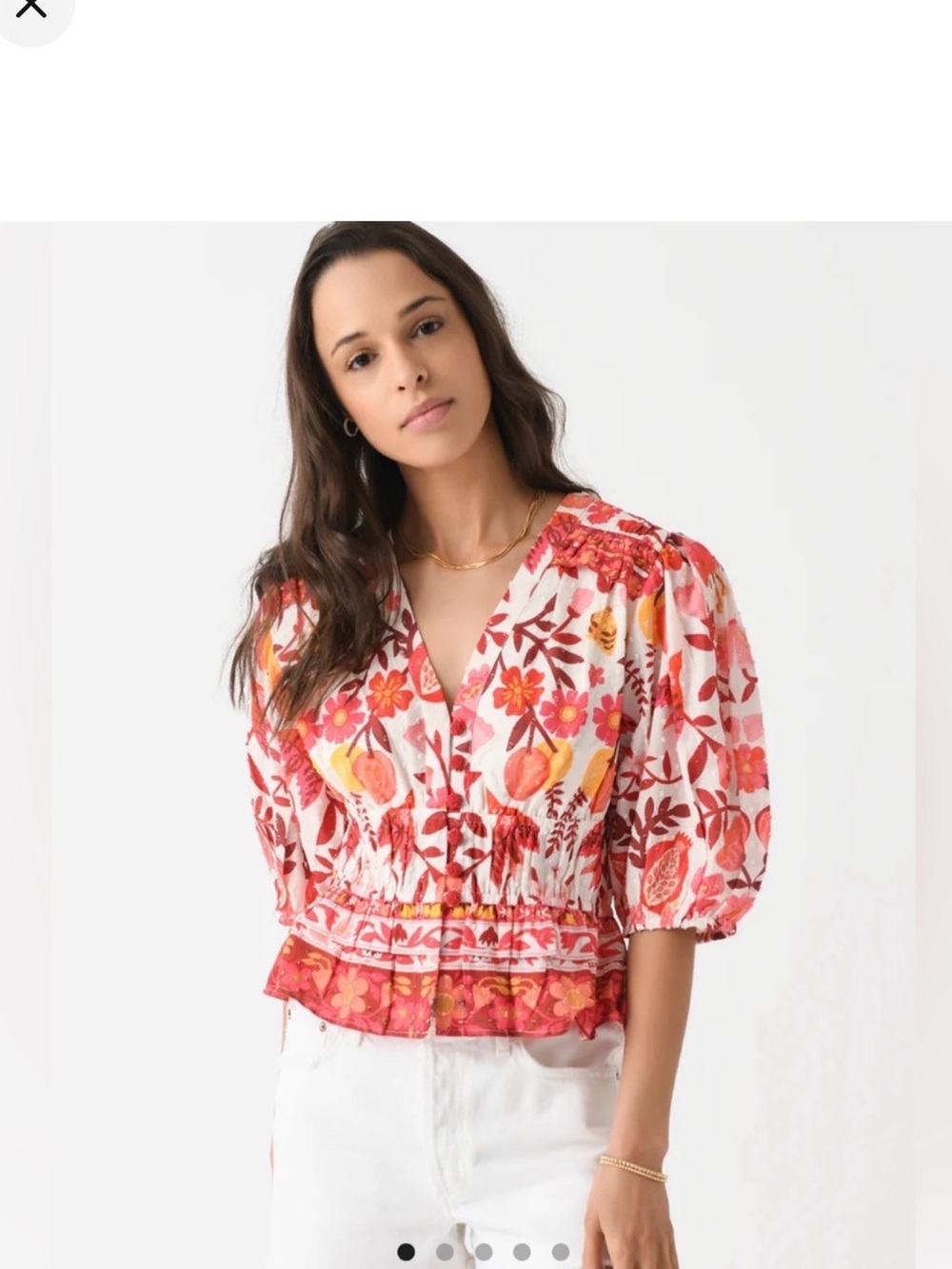 Farm Rio blouse Floral V-Neck Puff Sleeve Peplum Top in Coral & Yellow